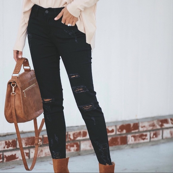 NEW Distressed Denim Ankle Fray Black Skinny Jeans - Picture 7 of 9